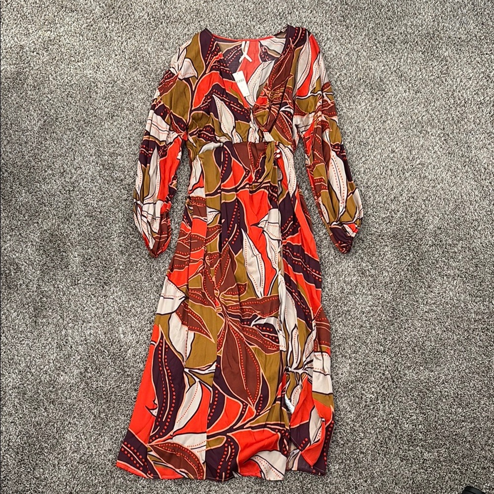 Anthropologie Red and Brown V-Neck Wrap Dress